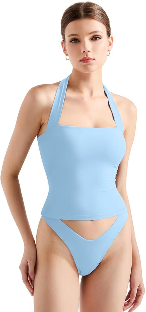 SUUKSESS Women Double Lined Halter Going Out Tops Open Back Basic Cami Tank Tops | Amazon (US)