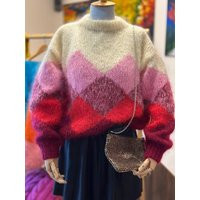 Designer Hand Knit Mohair Sweater, Oversize Crew-Neck Fuzzy Red White Jumper, Geometric Boho Women Jersey Extravagantza, Ready To Ship | Etsy (US)