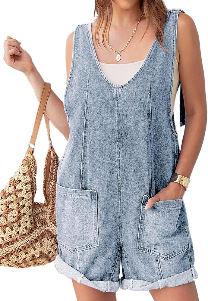 Glamaker Womens Summer Denim Romper Overall Shorts Casual Sleeveless V Neck Jean Romper Denim Out... | Amazon (US)