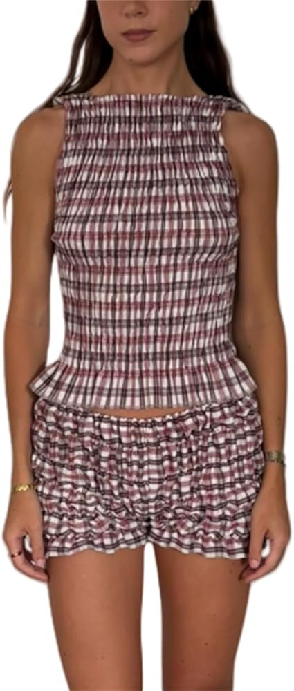 Women Shirred Tank Top Shorts Set Two Piece Lounge Pajamas Set Sleeveless Pleated Cop Top Ruched ... | Amazon (US)