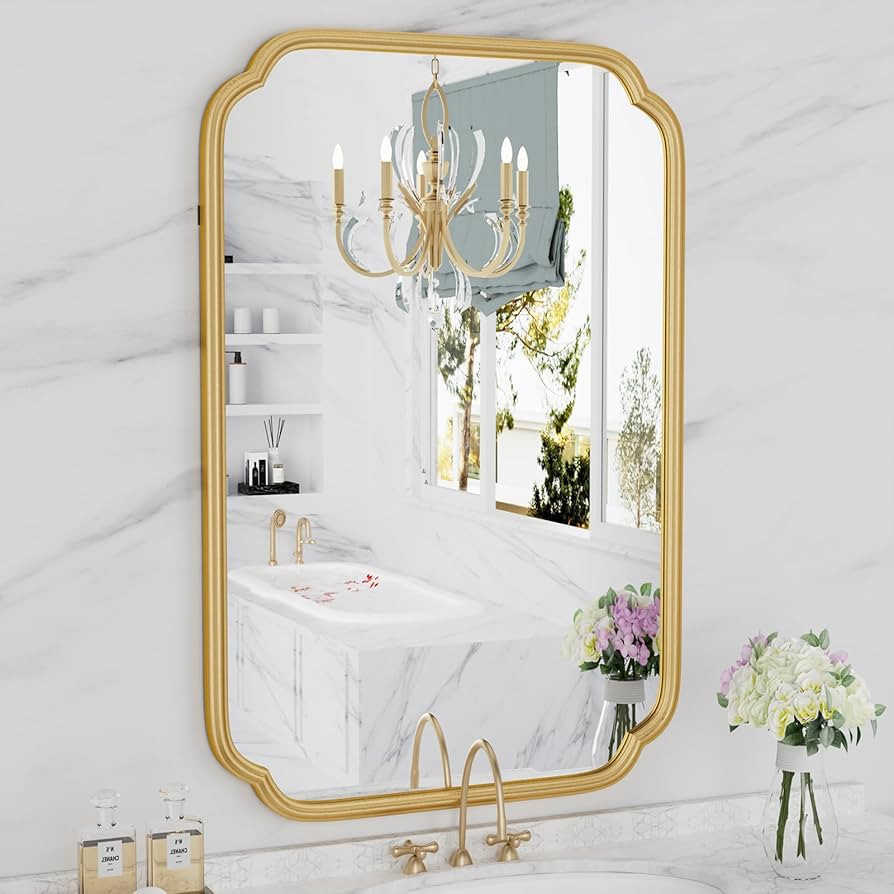 Gold Bathroom Mirror for Wall 20" x 30" Modern Rounded Corner Rectangle Mirror with Non-Rusting I... | Amazon (US)