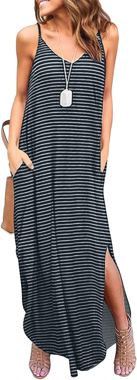 HUSKARY Women's Summer Casual Sleeveless V Neck Strappy Split Loose Dress Beach Cover Up Long Cam... | Amazon (US)