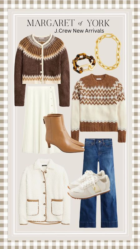 Fall arrivals from J.Crew, brown sweater, white skirt with gold buttons, brown leather booties, chunky gold necklace, white, Sherpa, jacket, sneakers, dressy sneakers, flared, denim, wide leg denim, jcrew new arrivals, tortoise, shell, and gold bracelet, classic style, traditional style, fall capsule wardrobe

#LTKsalealert #LTKstyletip