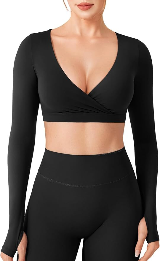 YEOREO CoreFlex Long Sleeve Crop Tops Yoga Cropped T Shirt | Double Lined, Workout, Deep V Cross ... | Amazon (US)