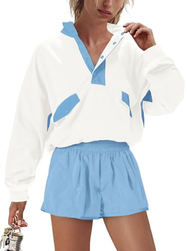 Nirovien Athleisure Workout Sets for Women Sweat Sets Sweatsuits Two Piece Outfits Sweatshirt and Shorts Women(Light Blue White,M) | Amazon (US)