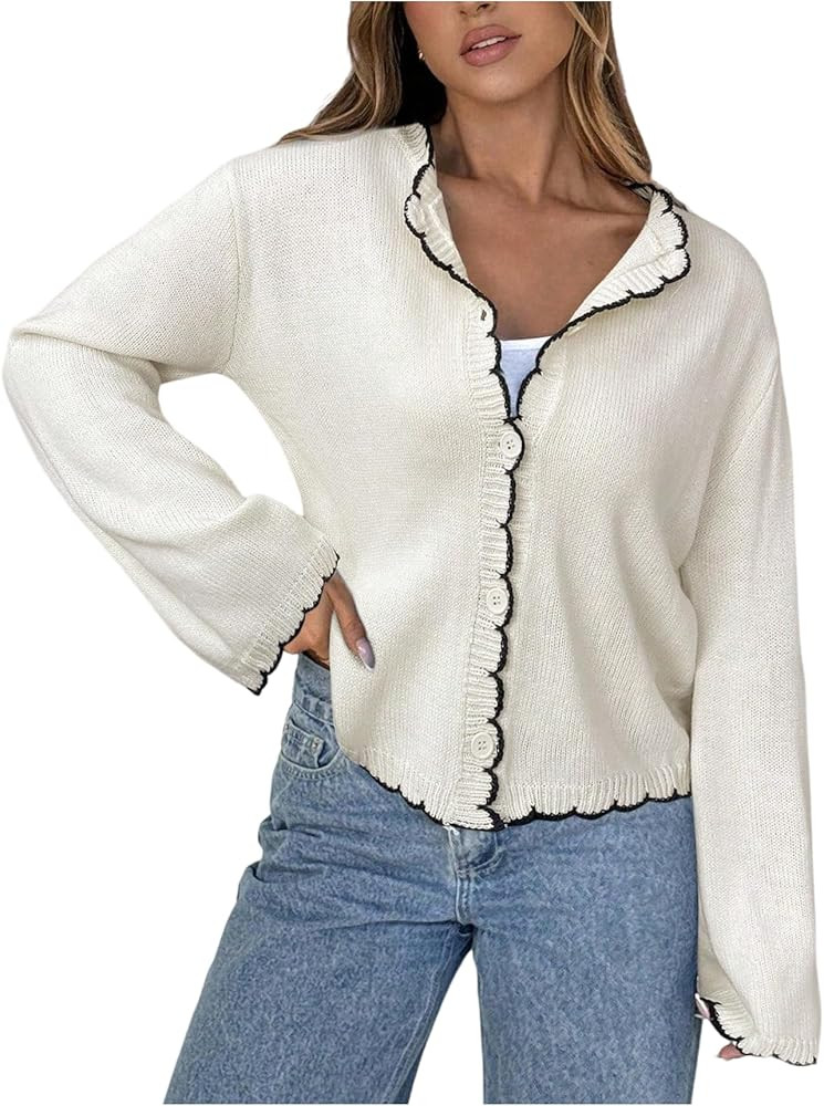Verdusa Women's Button Down Lightweight Cardigan Fall Sweaters Elegant Formal Wave Edge Knit Oute... | Amazon (US)