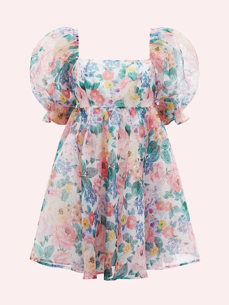 SHEIN Plus Dopamine Dressing Floral Print Puff Sleeve Organza Dress | SHEIN