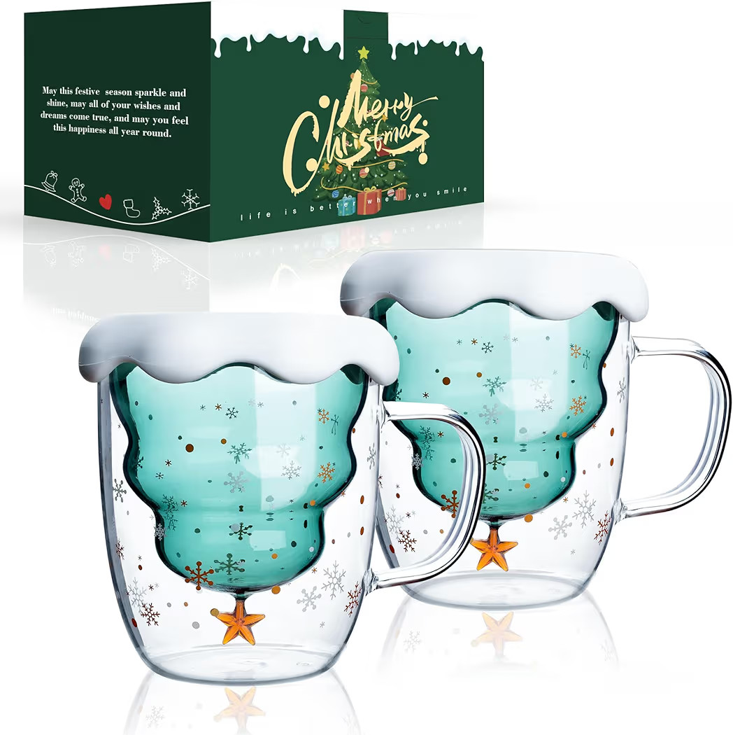 LIBWYS 2 Pack Christmas Mugs, Double Walled Borosilicate Christmas mug set with Snowflake Lid, Cu... | Amazon (US)