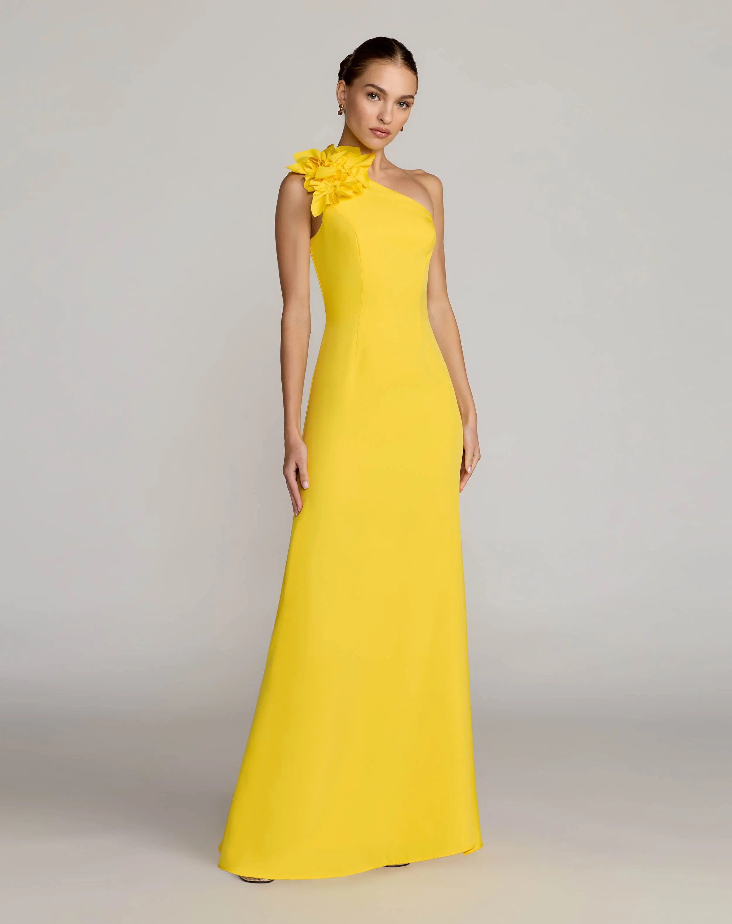 One Shoulder Crepe Column Gown With Floral Detail - Mac Duggal | Mac Duggal