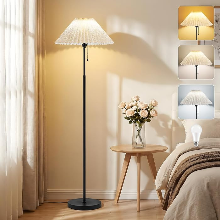 Floor Lamps for Living Room, 60" Pleated Modern Standing Lamp,Linen Shade Skinny Tall Lamp,Adjustable Color Temperature Bulb Included,Pull Chain Switch, Rustic Pole Lamps for Bedroom,Nursery,Den | Amazon (CA)