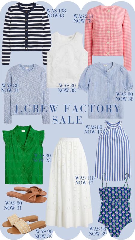 J.Crew Factory sale! 40% off + an extra $20% off for orders $125+. So many great new arrivals for summer — could wear to work, on vacation, or every day wear. My personal favorites are the stripes and white eyelet set. 

// J.crew sale, summer workwear, coastal grandmother style, coastal style, summer swim, summer shoes, beach sweater, work dress, blouses for work, white and blue summer outfits 

#LTKfindsunder50 #LTKsalealert #LTKSeasonal
