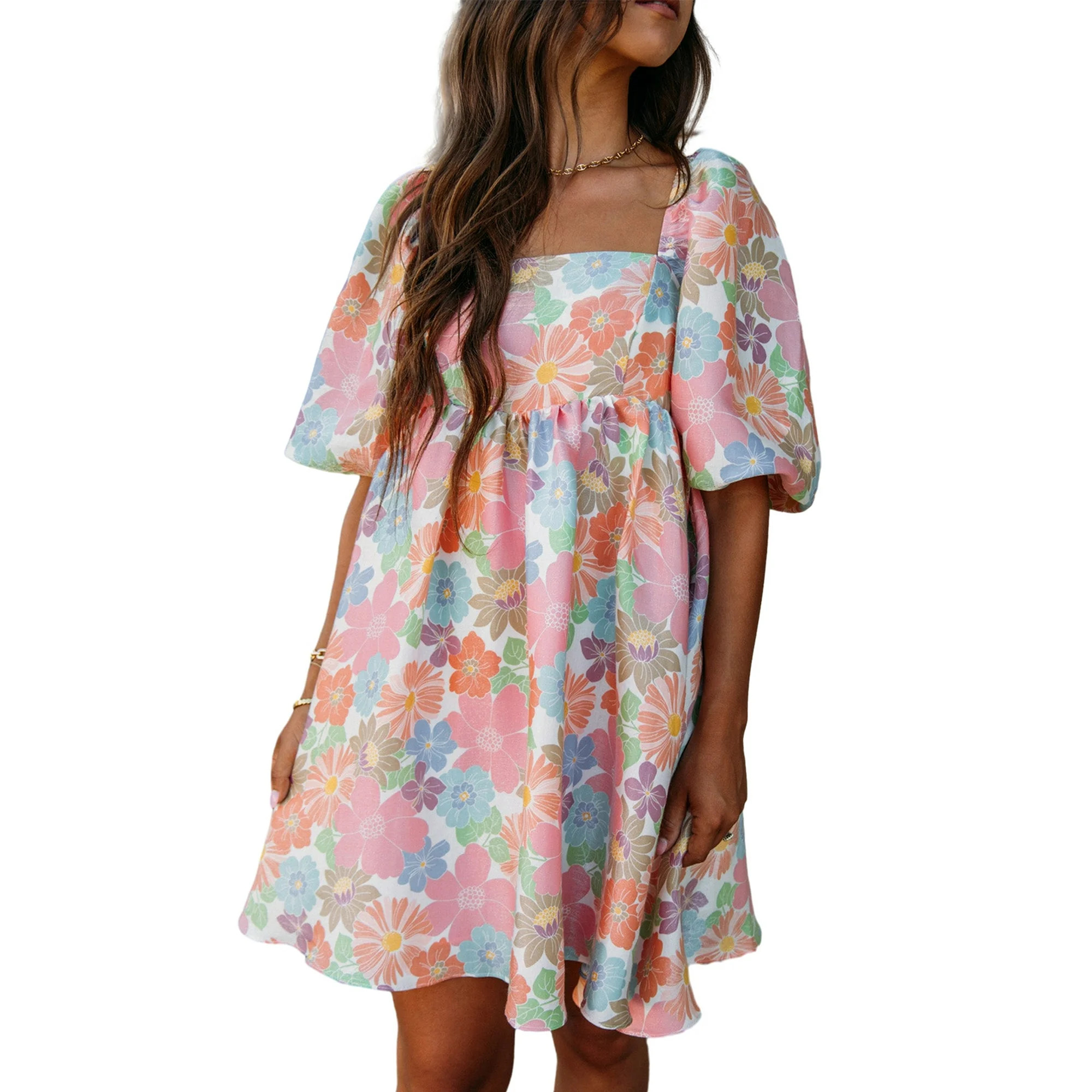 Women's Pink Summer Floral Square Neck Puff Sleeve Babydoll Dress | Walmart (US)