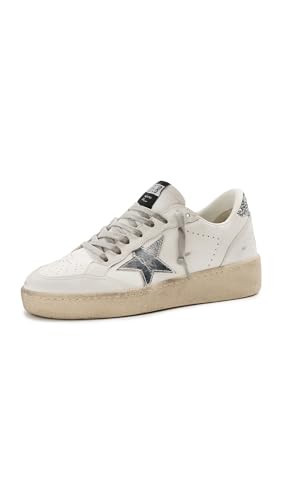 Golden Goose Women's Ballstar 2 Leather Upper and Spur Laminated Star Glitter Heel Sneakers, White/Silver, 7 Medium US | Amazon (US)