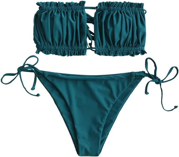 ZAFUL Women Strapless Ribbed High Cut Bandeau Bikini Set | Amazon (US)