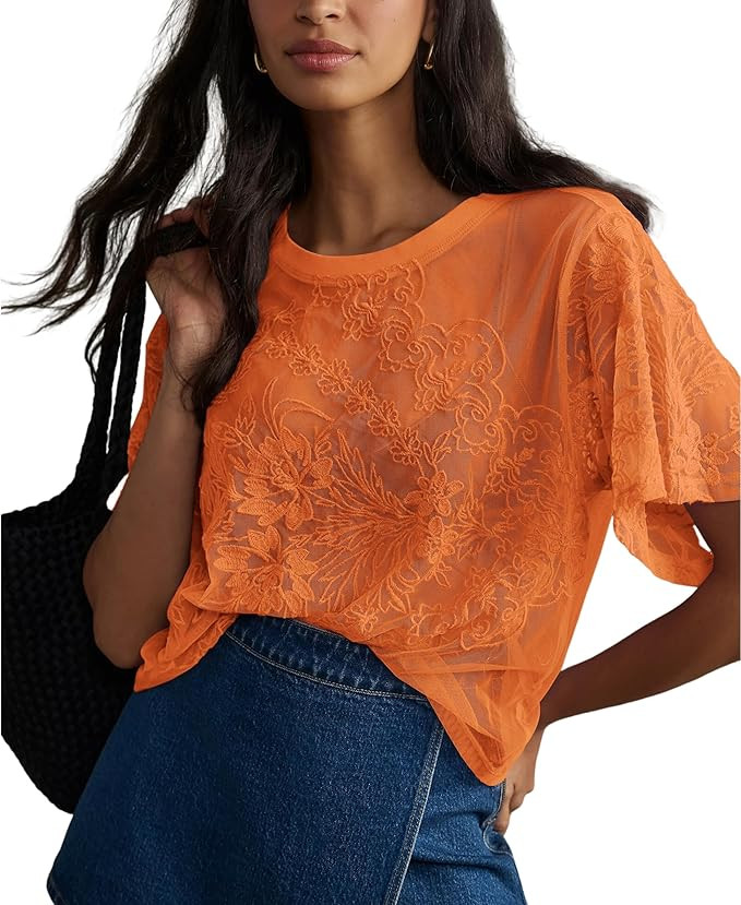OPCAKM Women's Mesh Tops Y2K Short Sleeve Sheer Lace Embroidered Shirts Layering See Through Blou... | Amazon (US)