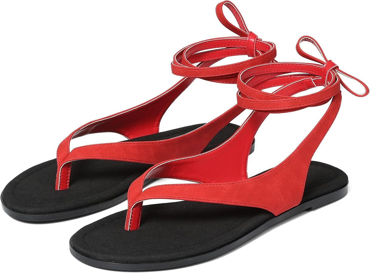 Goiphrri Flat Sandals for Women Dressy Comfortable Soft Lace Up Strappy Sandals Round Toe Thong S... | Amazon (US)