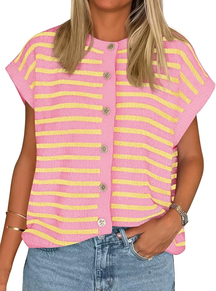 Cicy Bell Womens Striped Cap Sleeve Sweater Vest Crew Neck Button Down Cardigan Cute Knit Tops | Amazon (US)