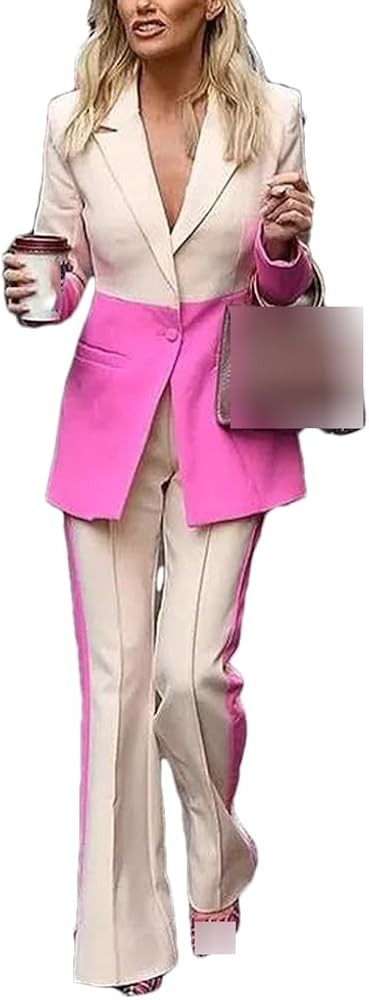 Notch Collar Patchwork Suit Set Women's Single Button Color Block Blazer Flare Pants Suit | Amazon (CA)