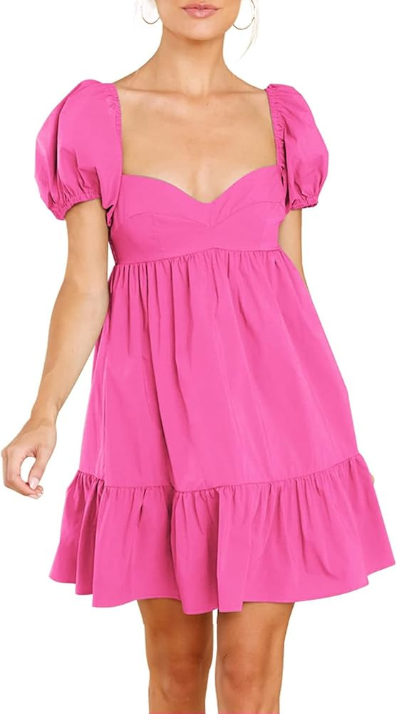 BELONGSCI Women's Summer Cute Dress Sweetheart Neckline Puff Sleeve Ruffle A-Line Casual Loose Fl... | Amazon (US)