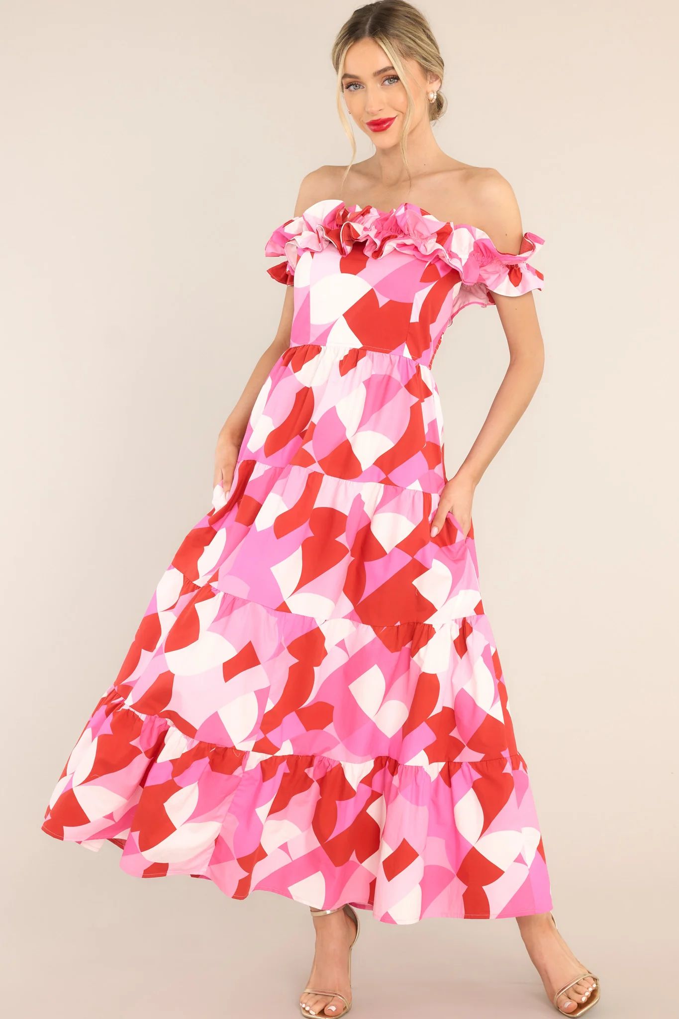 Fight The Feeling Pink & Red Print Midi Dress, Womens Summer Cami Maxi Dress | Red Dress 