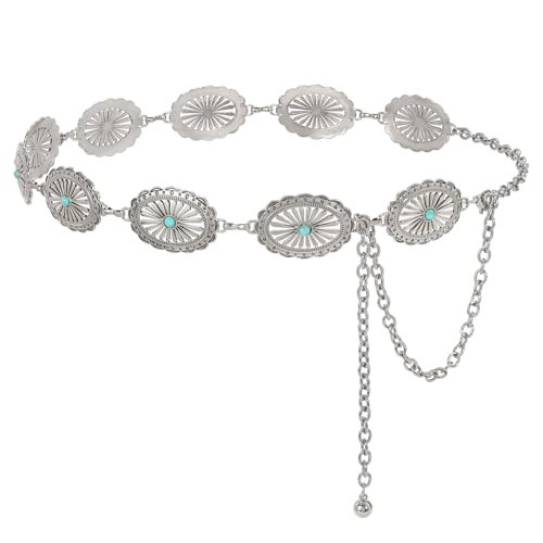 WHIPPY Western Metal Concho Belt for Women Vintage Cowgirl Boho Turquoise Chain Belts for Dresses Jeans, Silver, Shell Turquoise, L | Amazon (US)