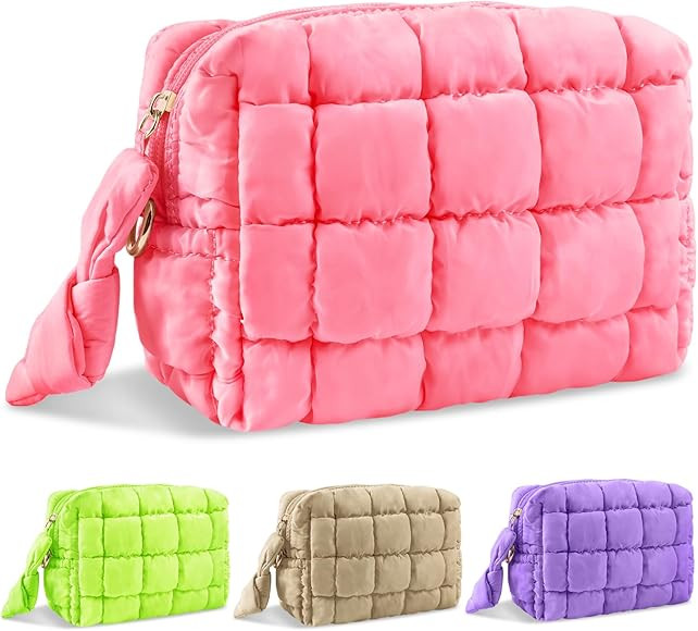 Puffer Quilted Makeup Bag Cosmetic Bags,Puffy Travel Toiletry Pouch for Women,Cute Checkered Zipper Bag Travel Essential,Portable Aesthetic Make up Organizer Bag for Gifts Work Daily(Pink,S) | Amazon (US)