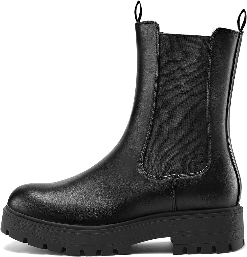 mysoft Women's Chelsea Boots Mid Calf Lug Sole Platform Chunky Heel Slip On Combat Fall Ankle Boo... | Amazon (US)