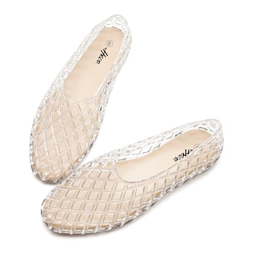 HEVA Women's Jelly Mesh Flats Breathable Clear Hollow Shoes Summer Beach Jellies Ballet Sandals(5 M US Transparent) | Amazon (US)