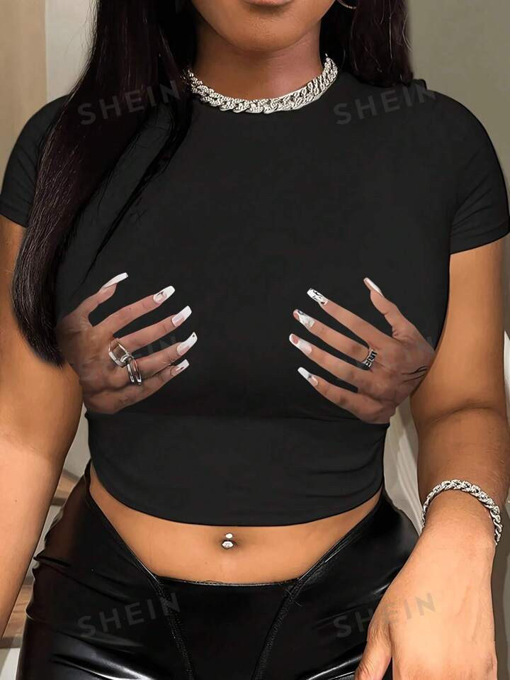 SHEIN EZwear Women's Short Sleeve Hand Printed Round Neck T-Shirt | SHEIN