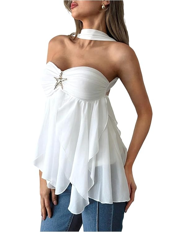 MakeMeChic Women's Tie Open Back Halter Tops Metal Starfish Asymmetrical Ruched Ruffle Tank | Amazon (US)