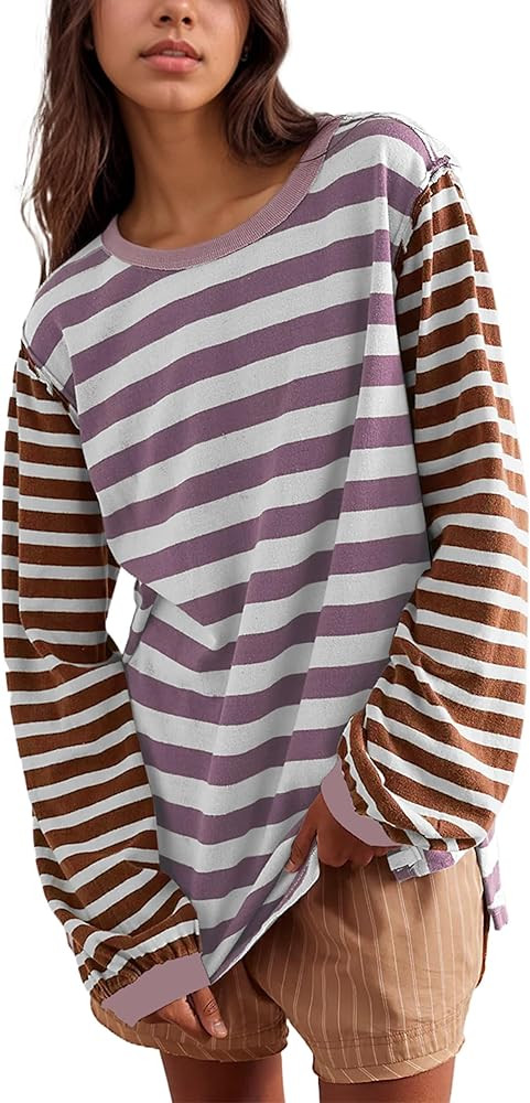 MISSACTIVER Oversized Striped Long Sleeve T-Shirts for Women Round Neck Color Block Tee Shirt Top... | Amazon (US)