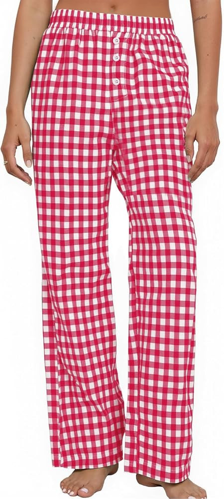 Flygo Womens Pajama Pants Wide Leg Gingham Lounge Pants Plaid Cotton Pajama Bottoms with Pockets | Amazon (US)