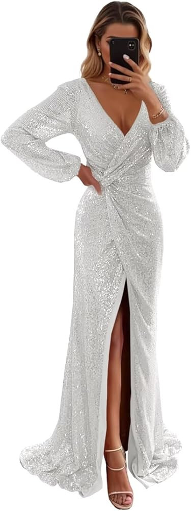 Ouyisha Long Sleeves Sequin Prom Dresses Sparkly A Line v Neck Dress for Women 2025 | Amazon (US)