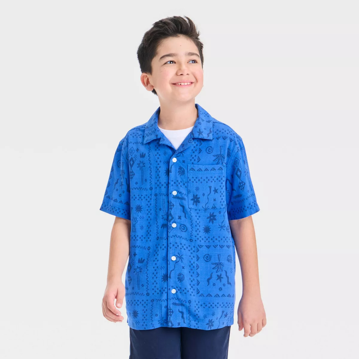 Boys' Short Sleeve Printed Button-Down Shirt - Cat & Jack™ Blue M: Tropical Botanical Pattern, ... | Target