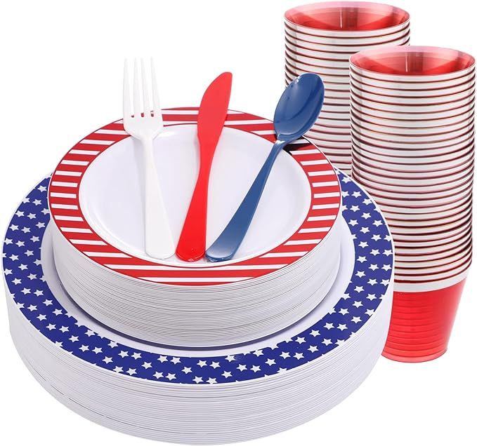 Supernal 180pcs American Flag Dinnerware, Red White Blue Plastic Silverware for Independence Day,... | Amazon (US)