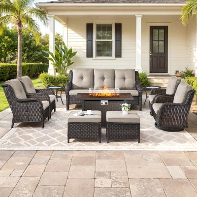 Wendye 10-Piece Outdoor Wicker Patio Set With Swivel Glider Chairs & 55,000 BTU Fire Pit Table | Wayfair North America