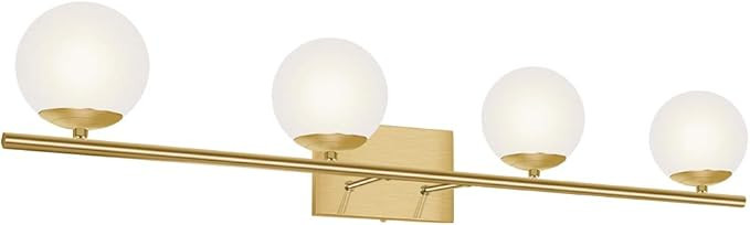 New Bathroom Vanity Light Fixtures Brushed Brass Milk White Globe Glass Shade 4 Lights Modern Wal... | Amazon (US)