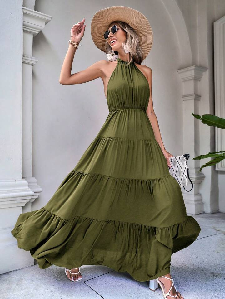 SHEIN VCAY Summer Holiday Solid Color Halter Neck Long Swing Dress With Backless And Waist Tie | SHEIN