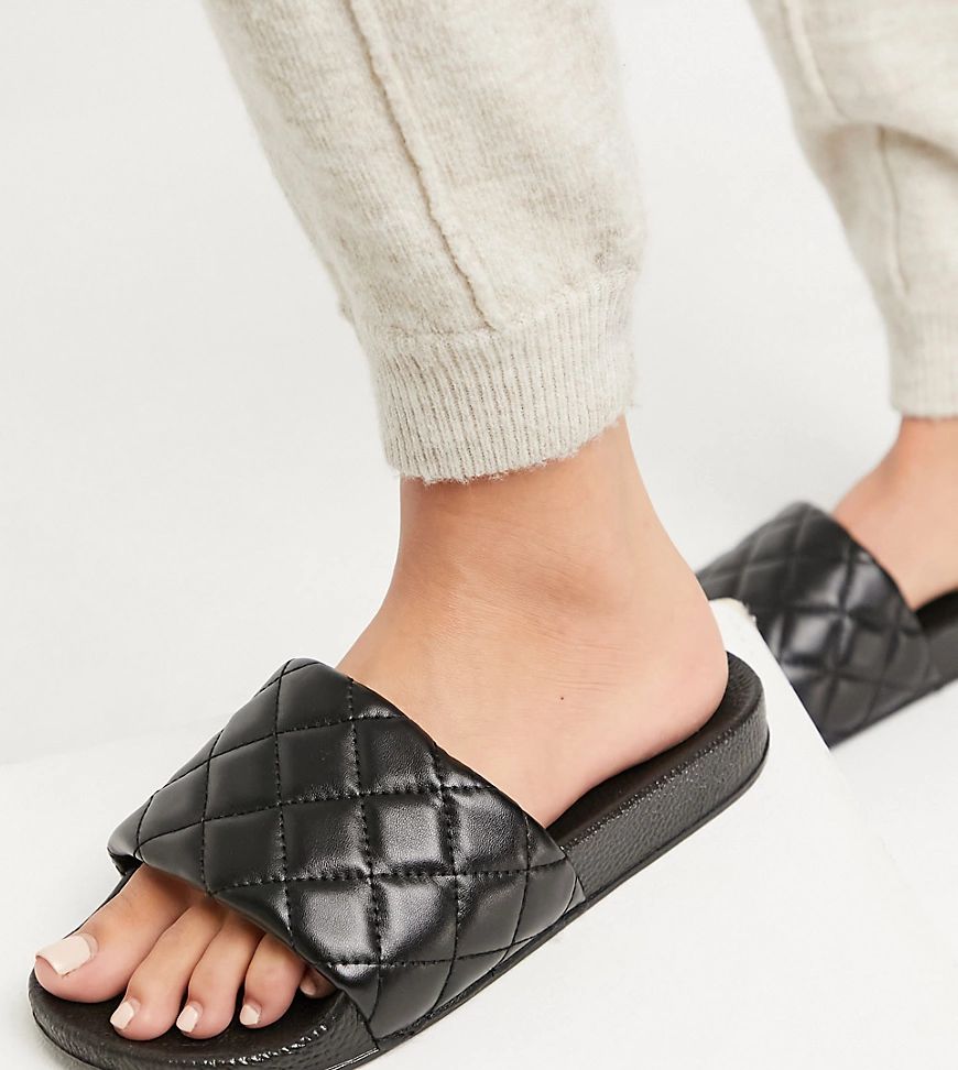 Truffle Collection wide fit quilted pool slide in black | ASOS (Global)