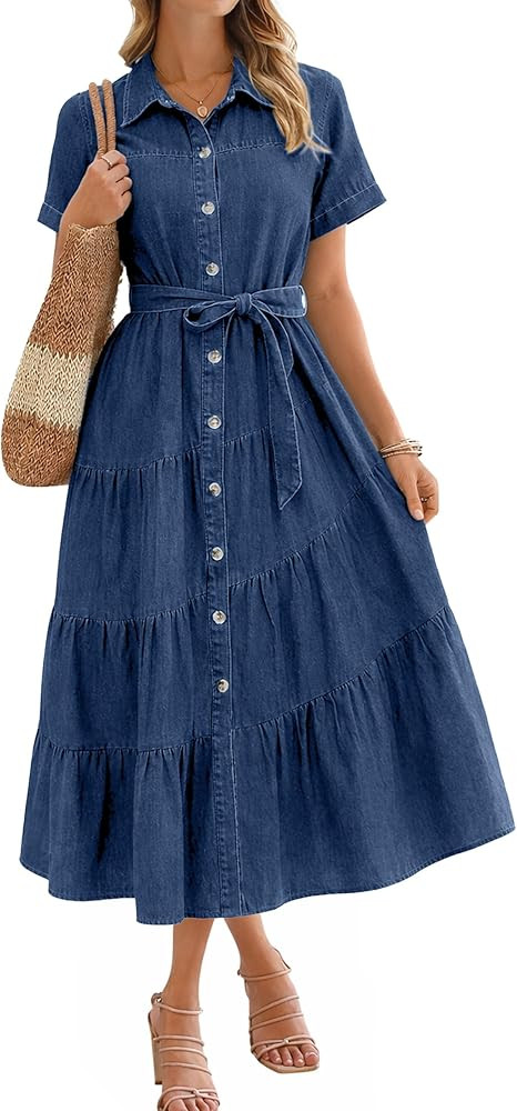 BerryGo Womens Summer Denim Shirt Dress Casual Belted Short Sleeve Button Down Flowy Midi Jeans D... | Amazon (US)