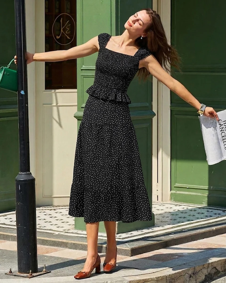 Black Polka Dot Ruched Midi Skirt | rihoas.com