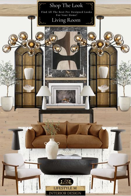 Modern Farmhouse Living Room Design Idea. Brown sofa, black round coffee table, black round end table, wood upholstered accent chair, white black strips rug, oak floor lvp, black console table, white table lamp, white cream tree planter pot, faux olive tree, white ceramic vase, faux olive stem plant, white flutter vase, white decorative bowls, black glass door tall cabinets, modern glass globe chandeliers, modern white brown wall art, candle holder decor.

#LTKhome #LTKstyletip #LTKsalealert