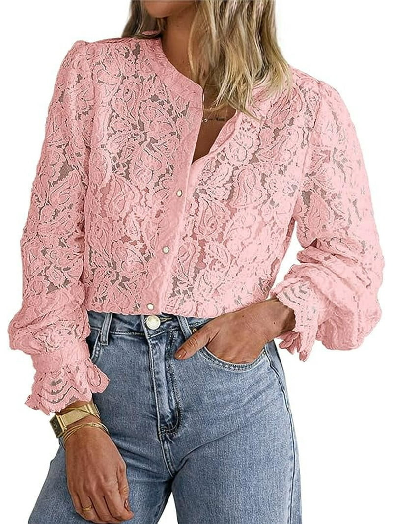 PRETTYGARDEN Women's Dressy Casual Lace Blouse Long Sleeve Button Up Shirts Tops Spring Fall Fash... | Walmart (US)