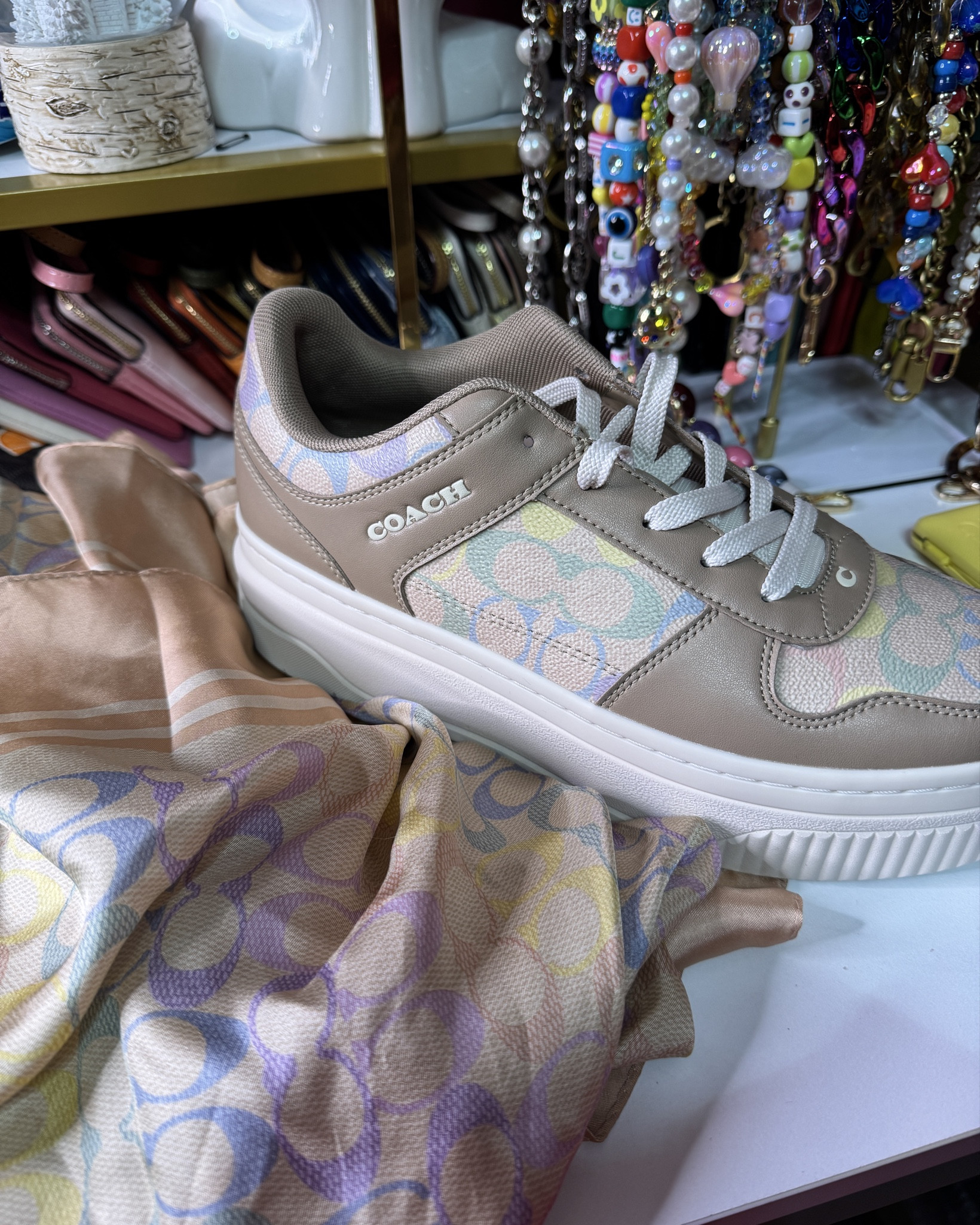 Coach pastel scarf comparing it to the pastel platform sneakers and showing how it looks on my large Rowan’s 👜✨ #coachoutlet #coachscarf #coachtwilly