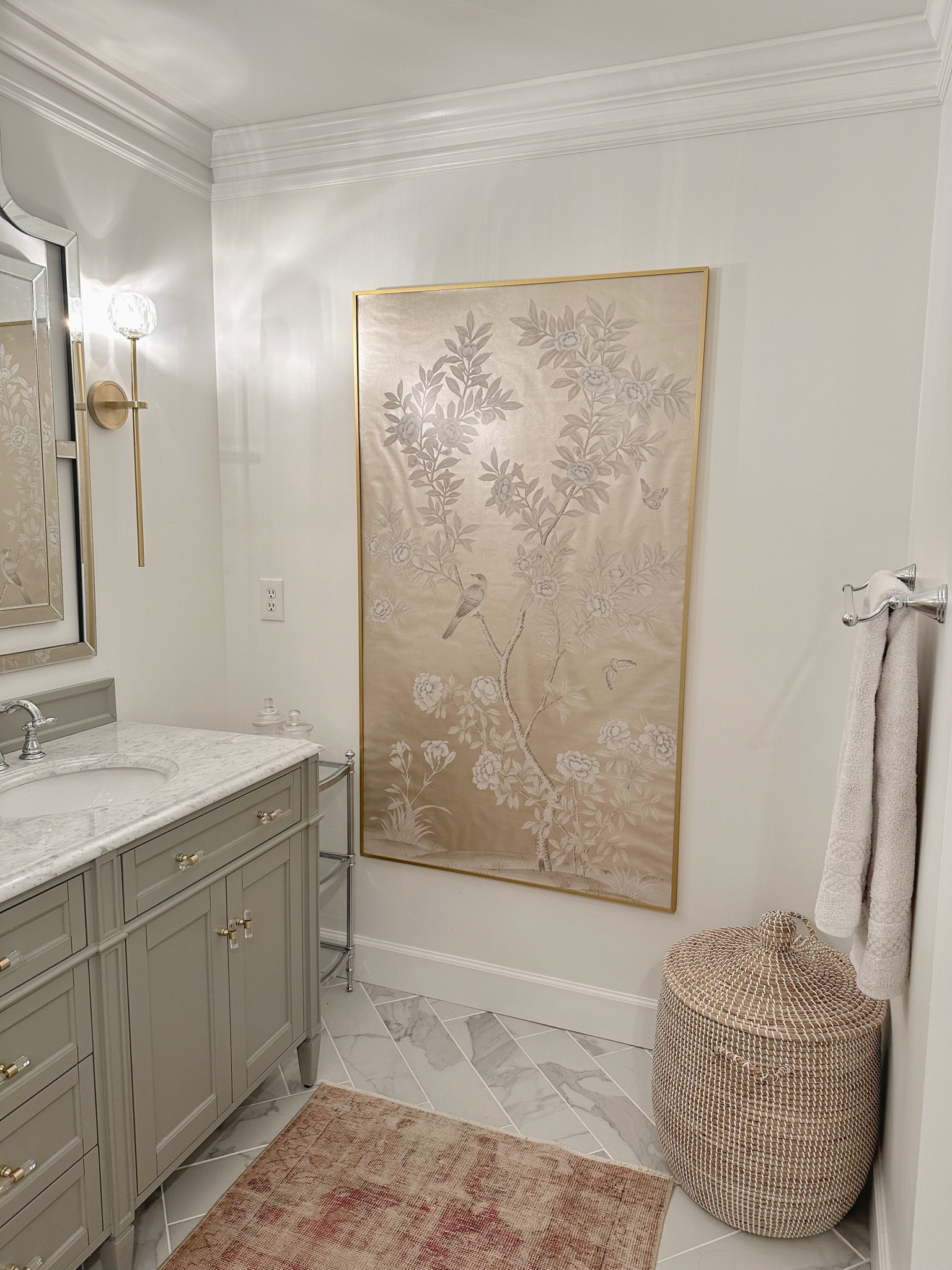 Bathroom, drawer pulls, chinoiserie panel, hand painted, sconce lighting, wall mirror, restoration hardware, Etsy, Serena & Lily, storage basket, chrome faucet

#LTKhome