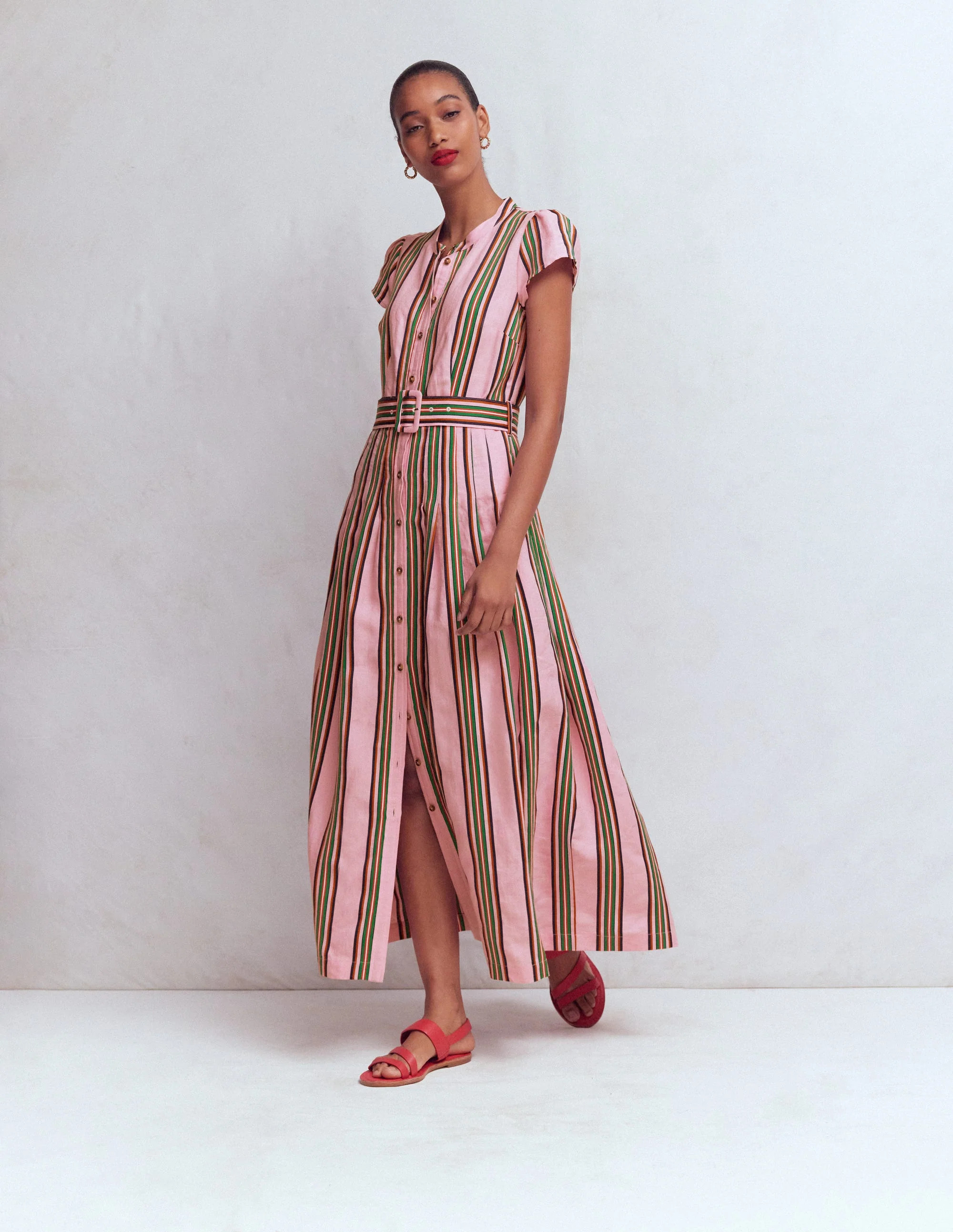 Arabella Linen Blend Dress-Pink, Rich Emerald Stripe | Boden UK