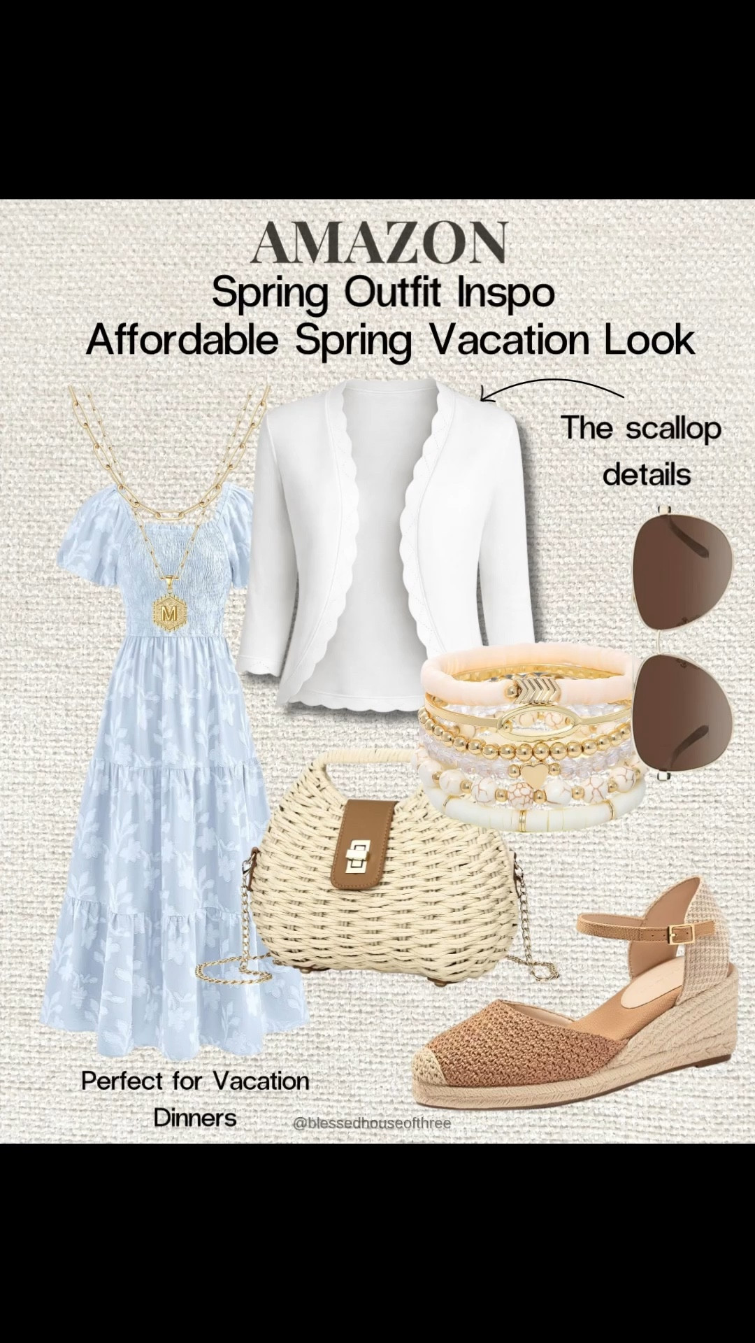 Amazon spring outfit inspo featuring an affordable yet elevated vacation dinner look with a light blue midi dress, scallop detail cardigan, raffia woven handbag, espadrille wedges and layered gold jewelry. This feminine spring capsule is perfect for beach vacation outfit, resort outfit 2026, spring break outfit, Easter outfits, and warm weather date nights. All pieces are from Amazon and styled to look high end while staying budget friendly, making this the perfect affordable spring fashion find for 2026.


#LTKootd #LTKSaleAlert #LTKSeasonal