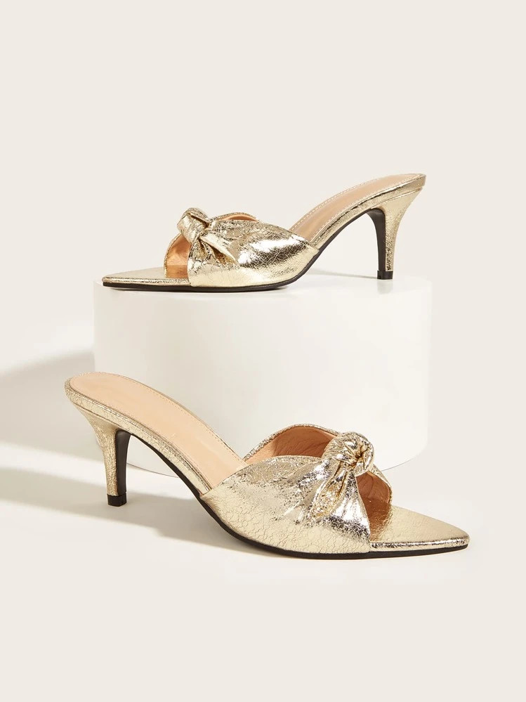 Women Knot Detail Stiletto Heeled Sandals, Glamorous Party Golden Mule Sandals | SHEIN