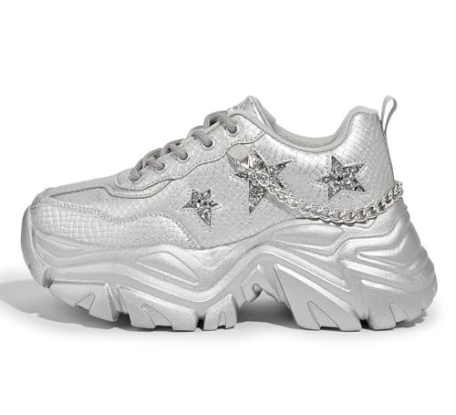 K KIP WOK Chunky Sneakers for Women Fashion Platform White Leather Casual Dad Shoes Comfortable Wedge Walking Chain Sport Sneakers（Silver Chain,6B(M) US） | Amazon (US)