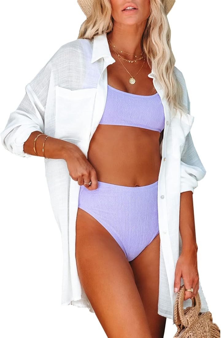 Dokotoo Womens Cotton Button Down Long Sleeve Shirts Bathing Suit Cover Ups Summer Cardigans with... | Amazon (US)